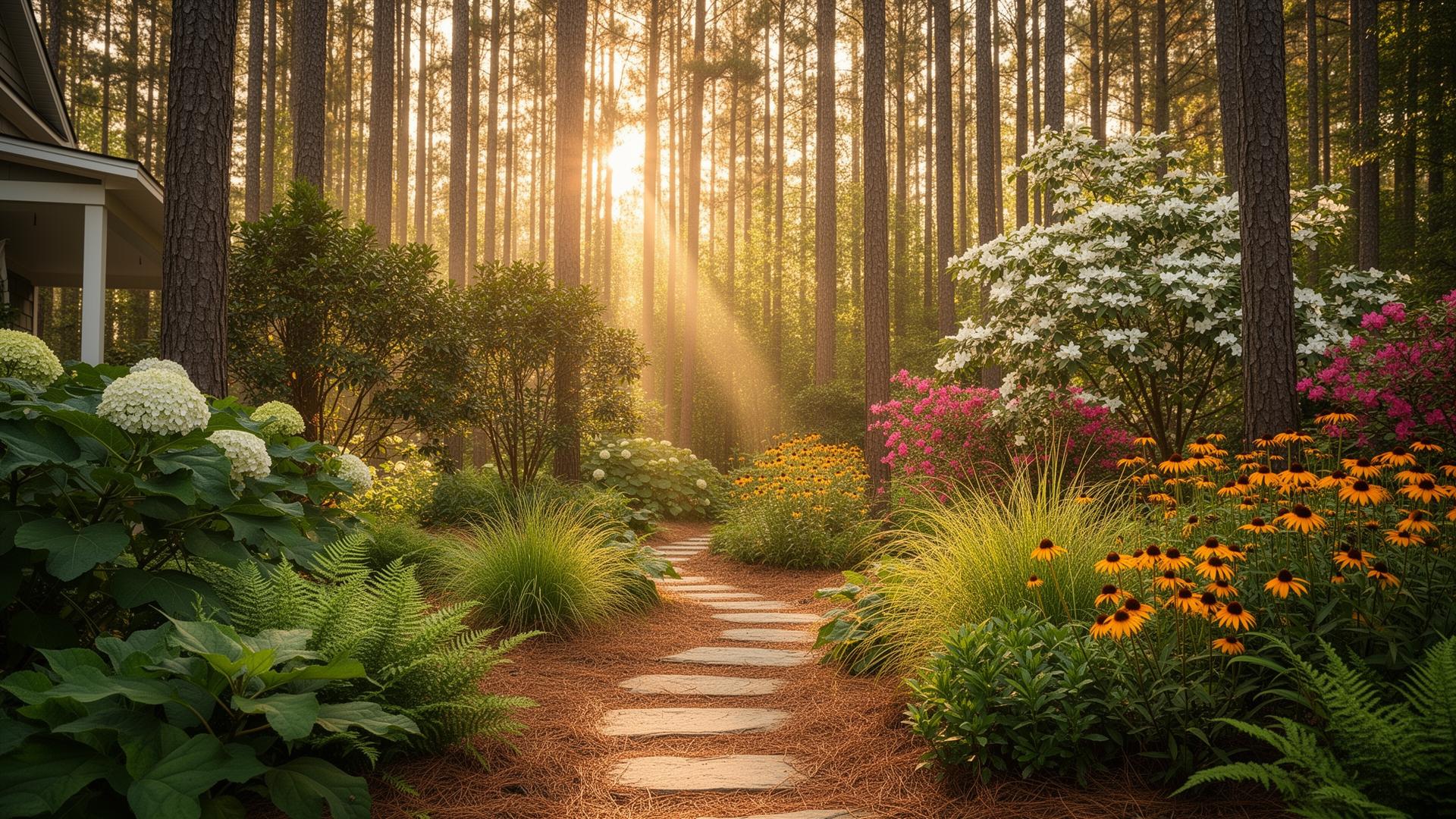 Native NC Triangle garden with stone path winding into a golden-hour pine forest